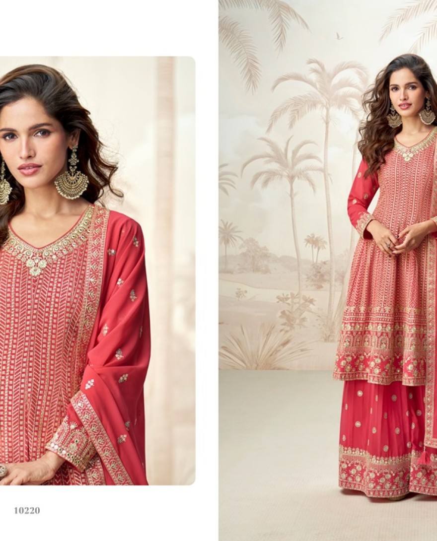 10220-pink - Pink Georgette Embroidered and Zari Work Readymade Style